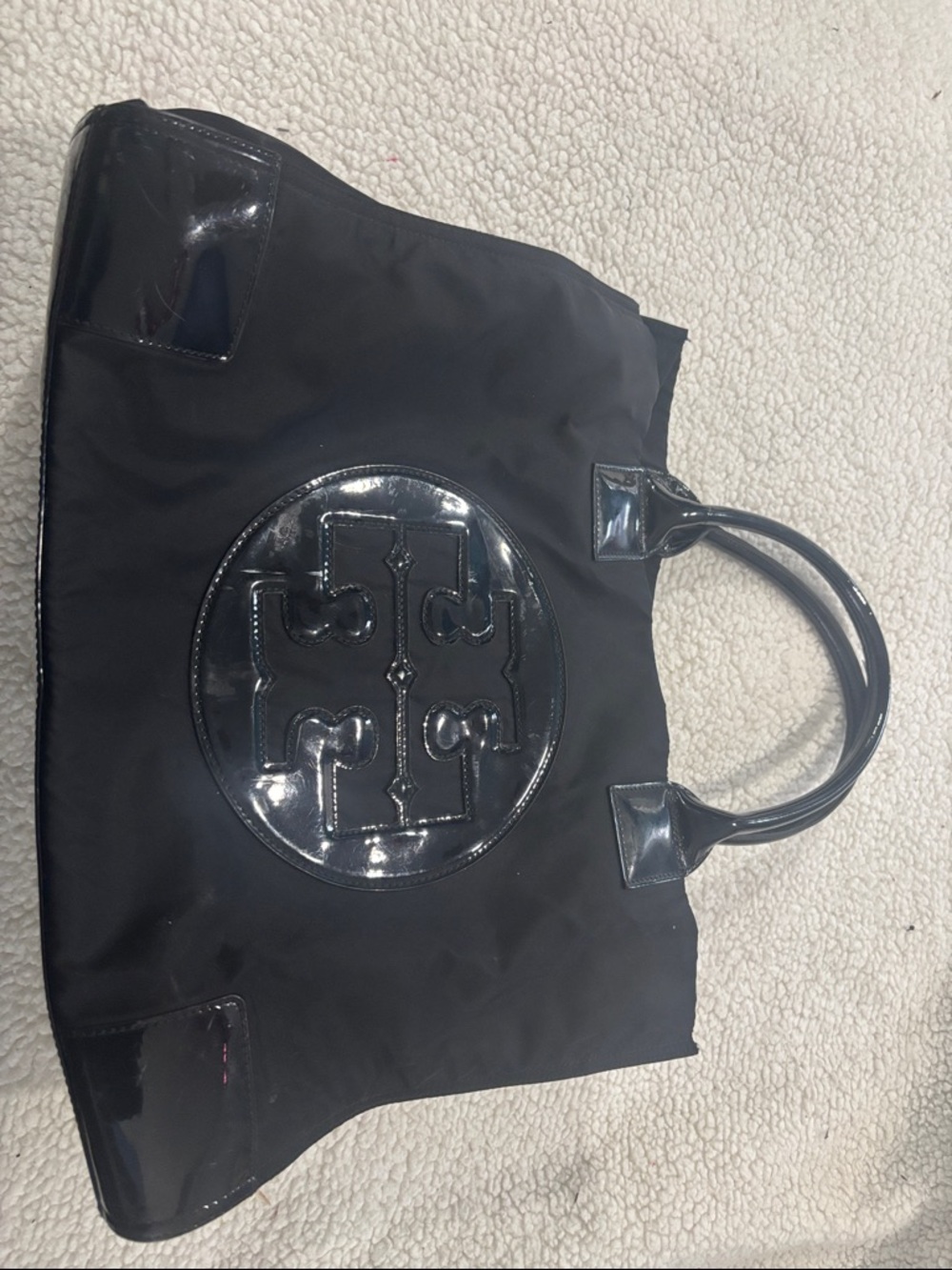Tory Burch Black Nylon Tote with Patent Logo